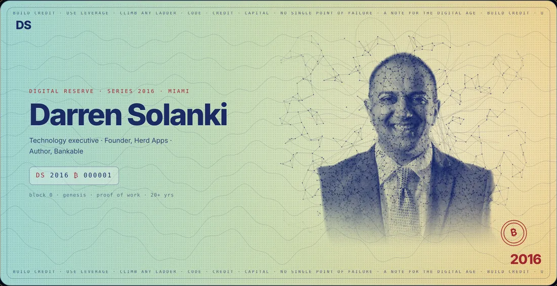 A pastel teal and gold banknote with Darren drawn as a network of nodes